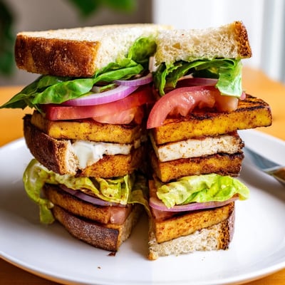 Golden seared smoky tofu layered with fresh lettuce and ripe tomatoes in a handheld summer sandwich