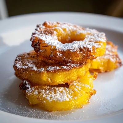 Hot fried pineapple rings with caramelized edges served alongside vanilla ice cream