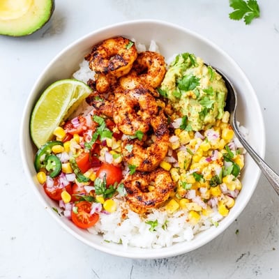Grilled shrimp bowl with avocado corn salsa dotted with cherry tomato pieces