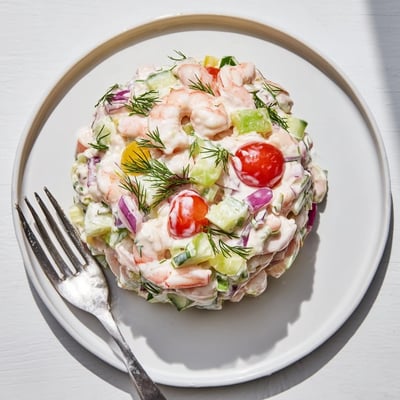 Plump shrimp salad recipe tossed with diced cucumber, cherry tomatoes, and creamy dill dressing in a bowl.