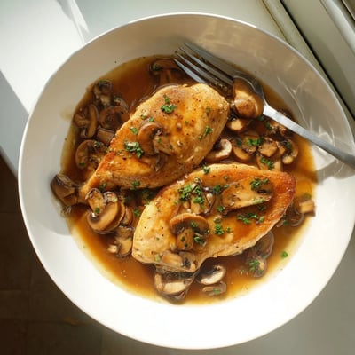 Tender dairy free chicken marsala with caramelized mushrooms in a glossy skillet sauce