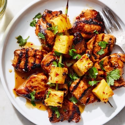 Golden Chili Pineapple Grilled Chicken sizzling off the grill alongside caramelized fruit skewers and herbs