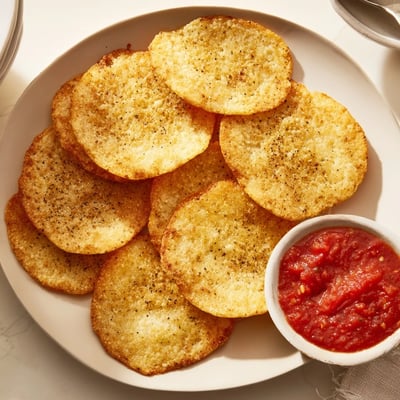 Crunchy baked cottage cheese chips arranged on a platter beside a creamy yogurt dip