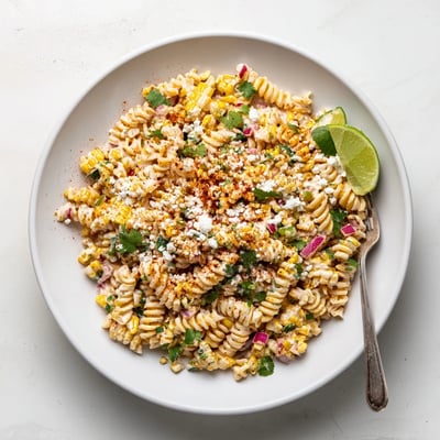 Charred corn and tender rotini tossed in a zesty creamy dressing in this Elote Street Corn Pasta Salad
