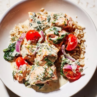 Healthy creamy leftover salmon recipe topped with dill and a bright lemon cream sauce